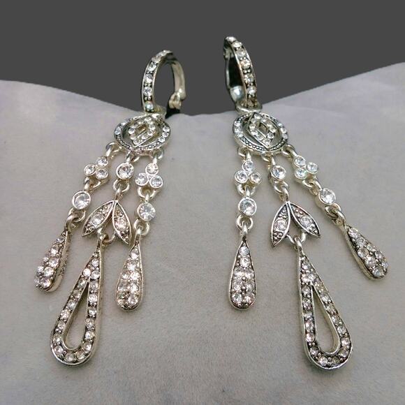 Monet Chandelier Earrings Rhinestone Dangle Silvertone NWT Hoops Detach Art Deco - Picture 4 of 12